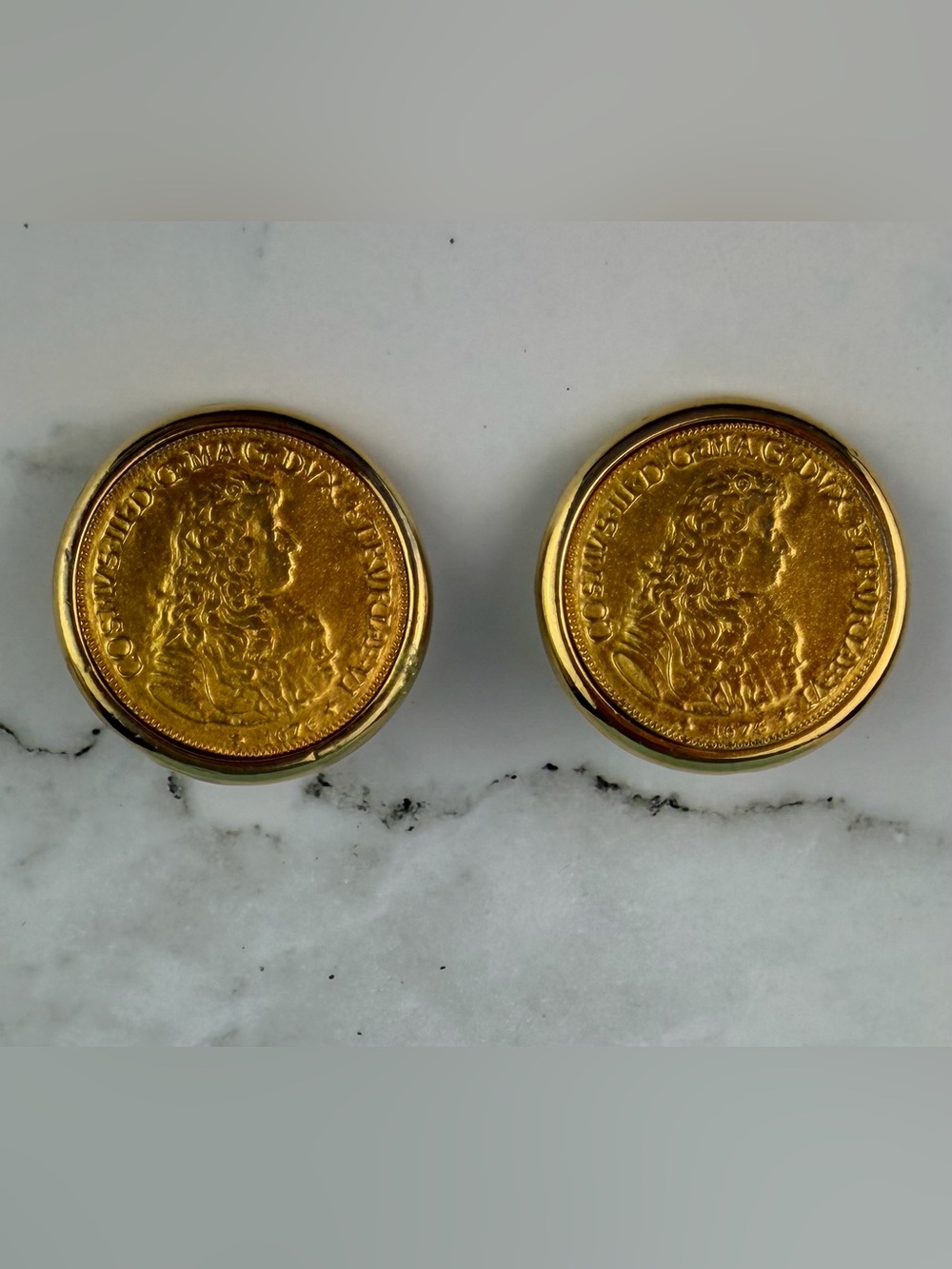 Vintage BEN-AMUN 1980s Gold Tone Tuscan Coin Clip On Statement Earrings